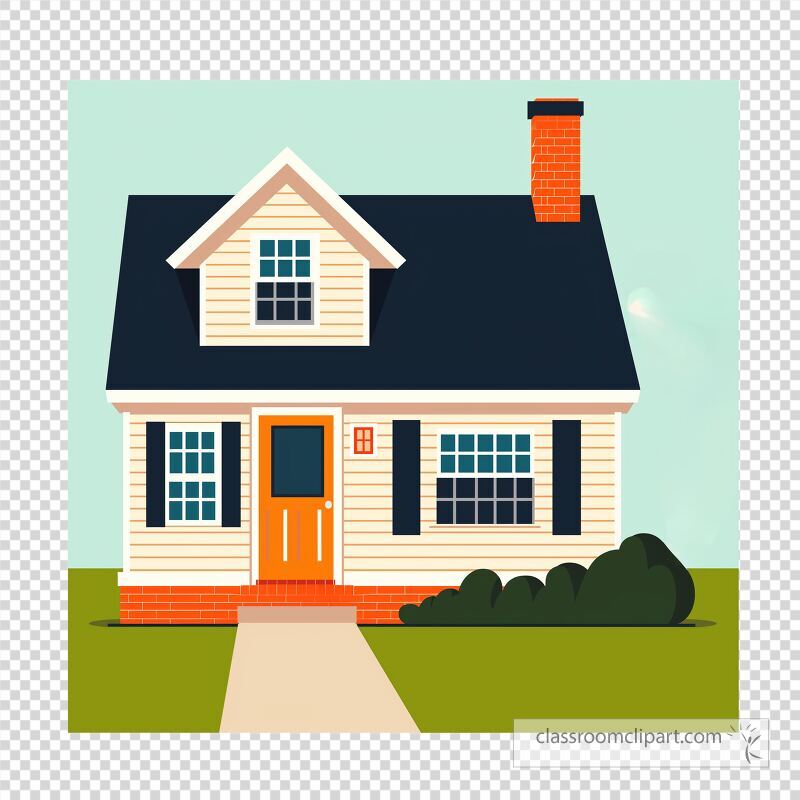 This design features a simple fat vector house with a black roof and orange door The charming structure is surrounded by a manicured lawn and a solid pathway leading to the entrance