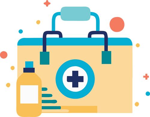 Colorful illustration of a first aid kit filled with essential medical supplies and bottles