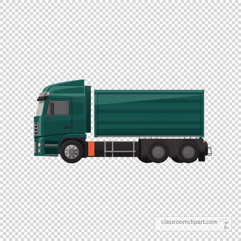 A flat design vector of a semi truck shows a side view of the vehicle featuring a dark green cab and matching trailer suitable for various digital applications and designs