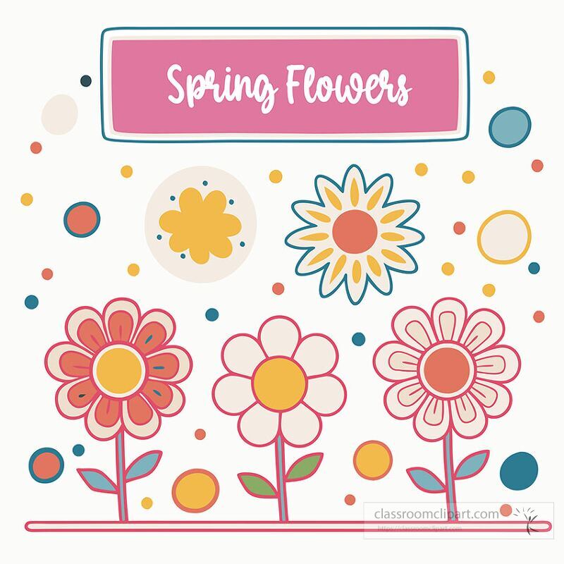 Colorful flowers with various designs and shapes are displayed in a playful arrangement Bright dots in different sizes surround the flowers creating a cheerful atmosphere