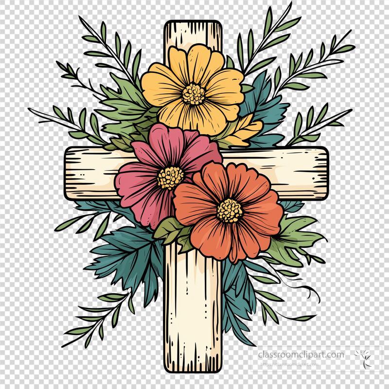 A beautifully designed cross adorned with colorful flowers and lush green foliage The floral arrangement showcases yellow, pink, and orange blooms against a rustic wooden cross This artistic piece combines spiritual elements with a retro aesthetic