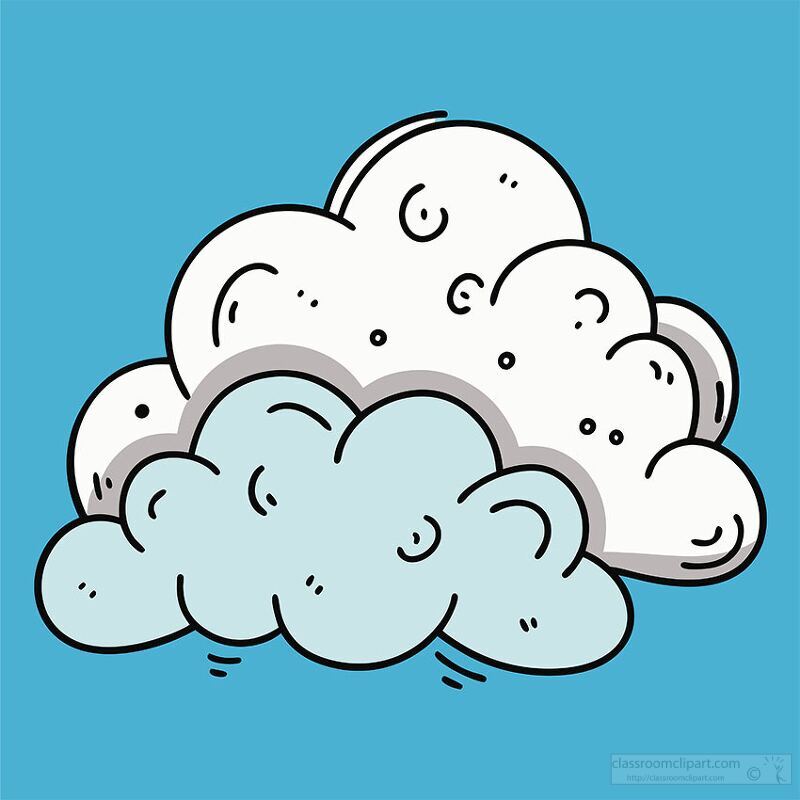 A cartoon-style illustration of fluffy clouds against a bright blue background. The clouds are white and light blue, with a playful, whimsical design.