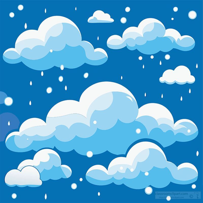 A whimsical illustration of fluffy clouds in various shapes and sizes against a blue background, with falling snowflakes adding a playful winter atmosphere.