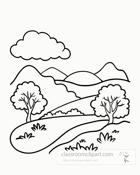 Enjoy coloring a serene valley with trees and mountains.