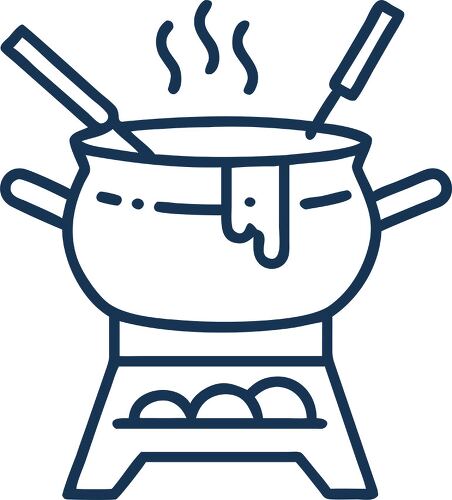 An outline design of a fondue pot with melted cheese inside