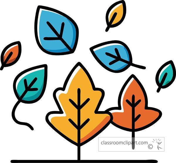 A colorful illustration of stylized leaves in various shapes and colors