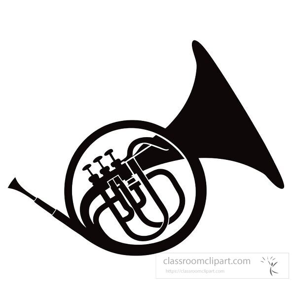 A stark silhouette of a french horn