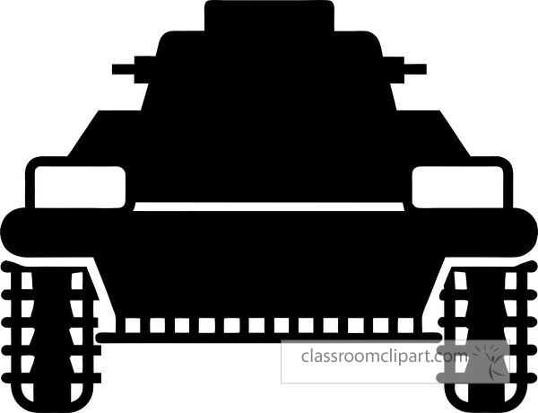 A silhouette of a military tank viewed from the front with turret and tracks.