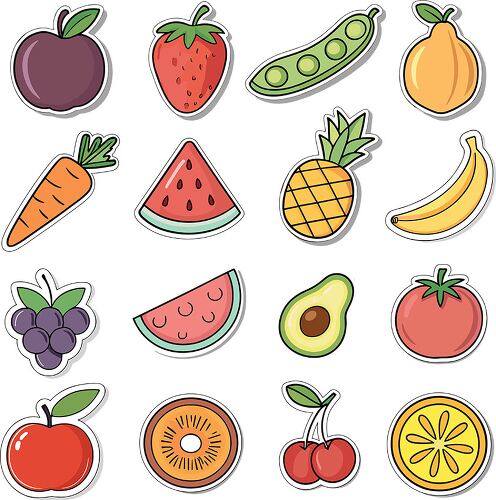 A collection of various food stickers showing fruits and vegetables