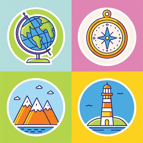 A set of four geography themed stickers featuring a globe a compass a snowy mountain and a lighthouse