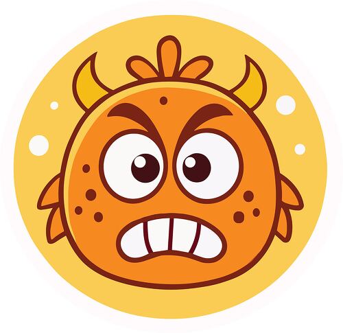 A furious orange monster with horns and sharp teeth in a fun round sticker