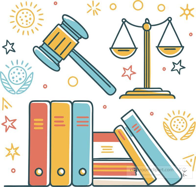 This clip art features a gavel alongside stacks of colorful law books The background includes decorative elements like stars and suns creating a lively legal theme suitable for various contexts