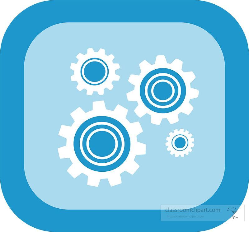 Graphic design features a set of gears in various sizes displayed against a light blue background This clip art representation symbolizes mechanics and engineering concepts