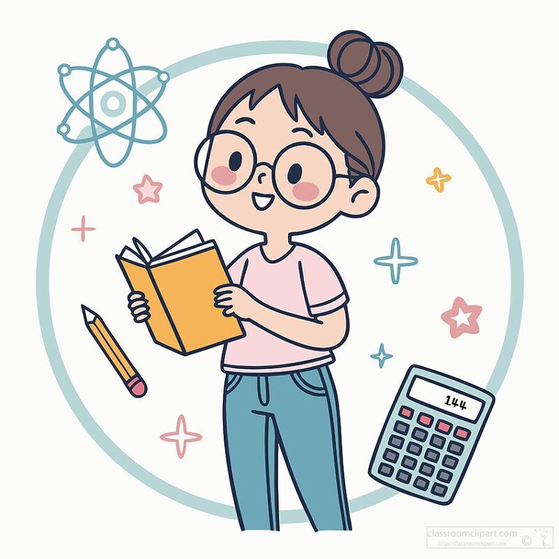 A cheerful girl holds an orange book while surrounded by scientific symbols and a calculator Her expression shows curiosity and enthusiasm for learning about math and science