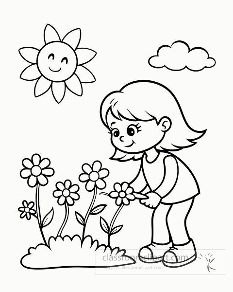 A girl is happily picking flowers under a bright sun and blue sky coloring page