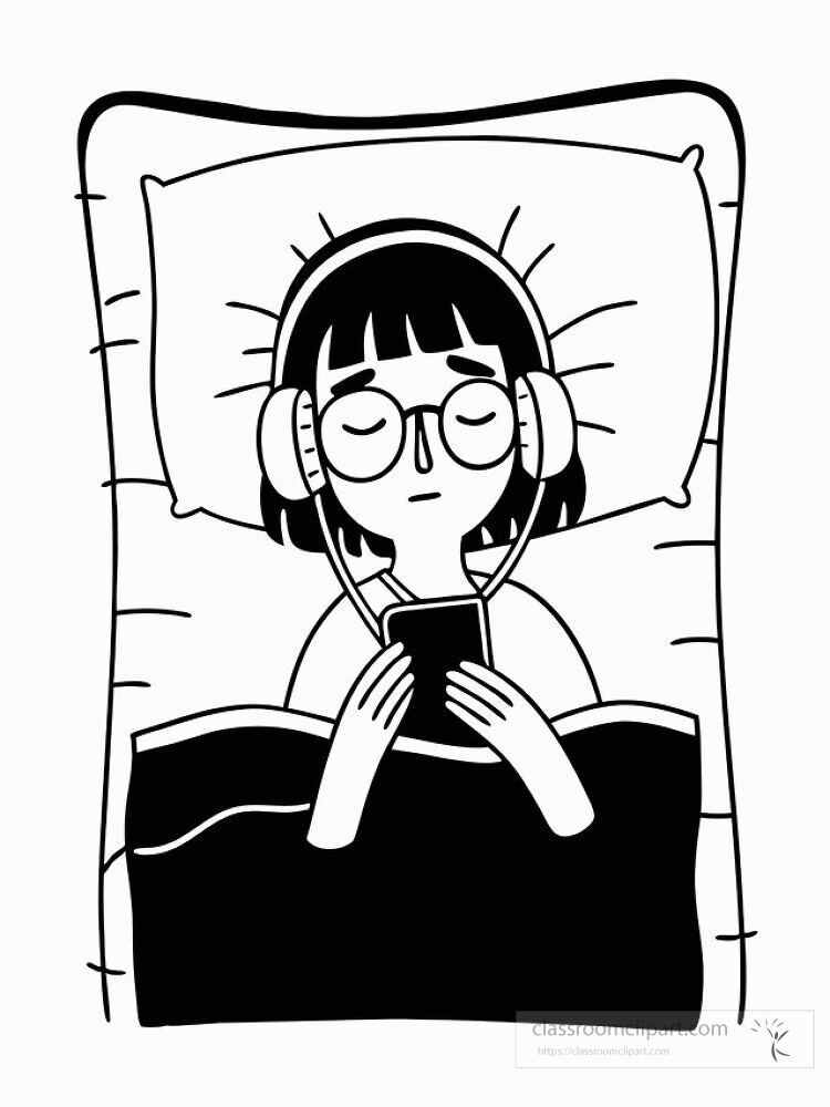 A girl is lying on her bed with closed eyes while listening to music through headphones She shows a sad expression absorbed in her thoughts in a simple black outline style