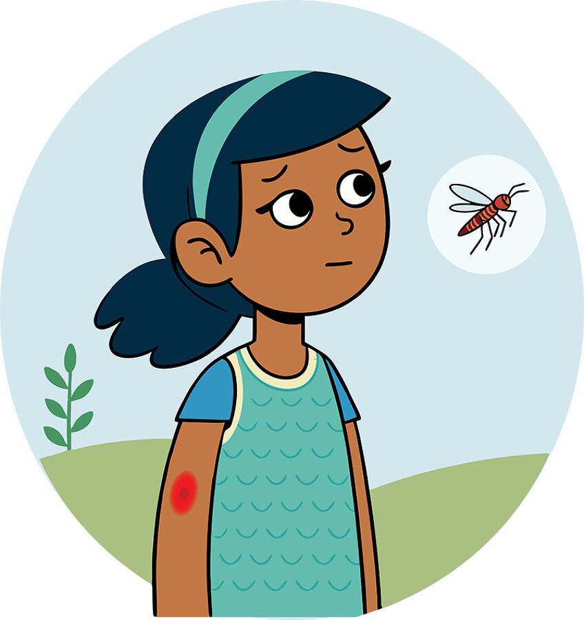 A young girl looks concerned about a mosquito bite on arm looking at mosquito