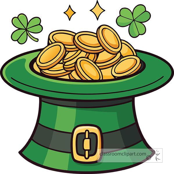 A green leprechaun hat is filled with shiny gold coins and shamrocks for festivities