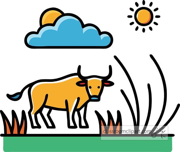 A cartoon-style illustration of a yellow cow standing on green grass with some bushes