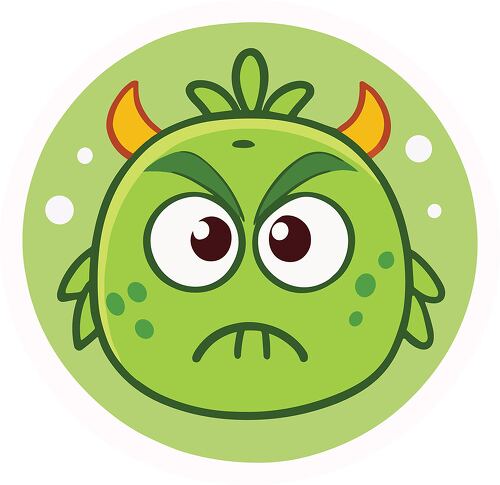 A grumpy green monster with horns and a serious expression inside a round badge