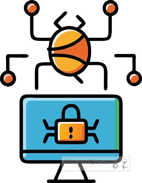 Colorful hacked computer icon featuring geometric shapes and a friendly design