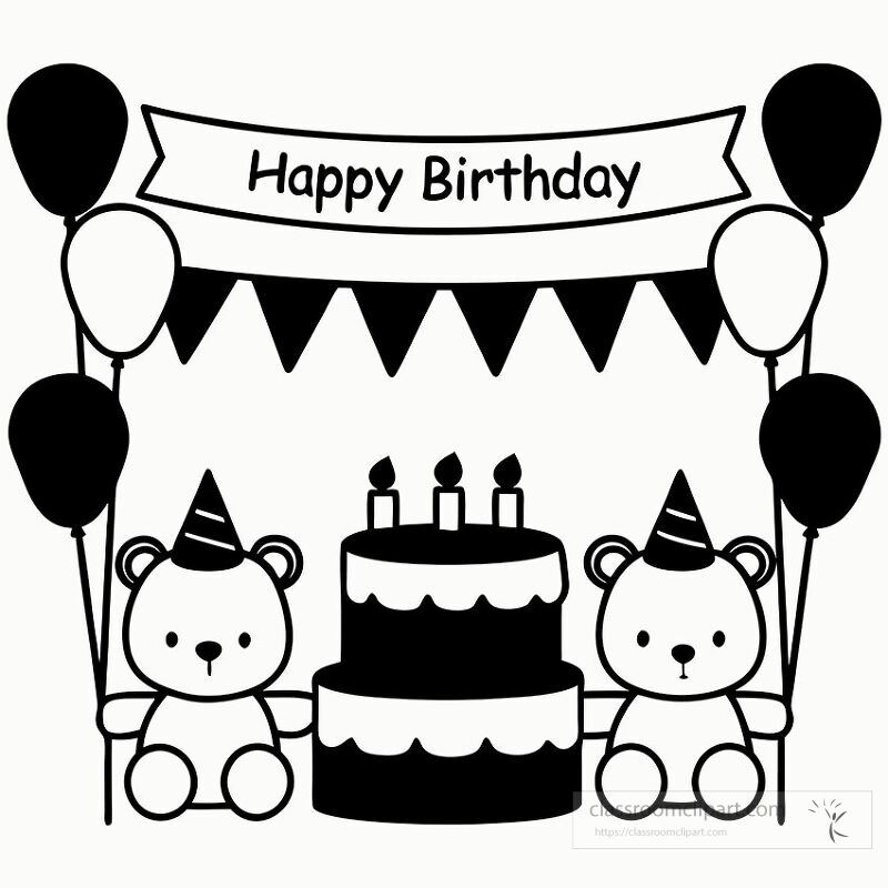 This hand drawn coloring page features two cute bears wearing party hats flanking a three tier birthday cake with candles Colorful balloons and a banner add festive cheer