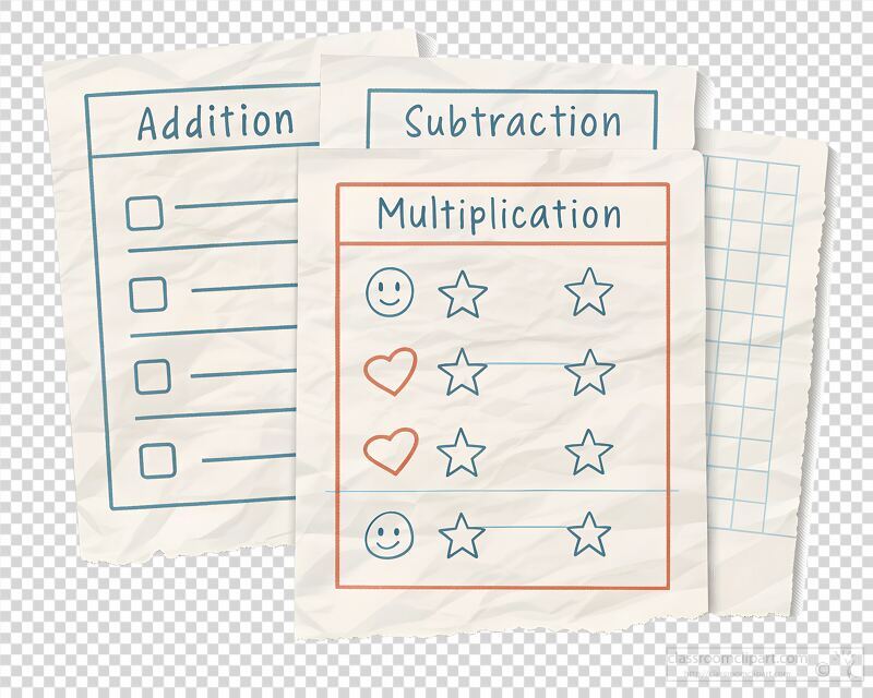 Crumpled paper features hand drawn math worksheets for addition subtraction and multiplication. Playful designs with stars and smiles enhance the learning experience during study time.