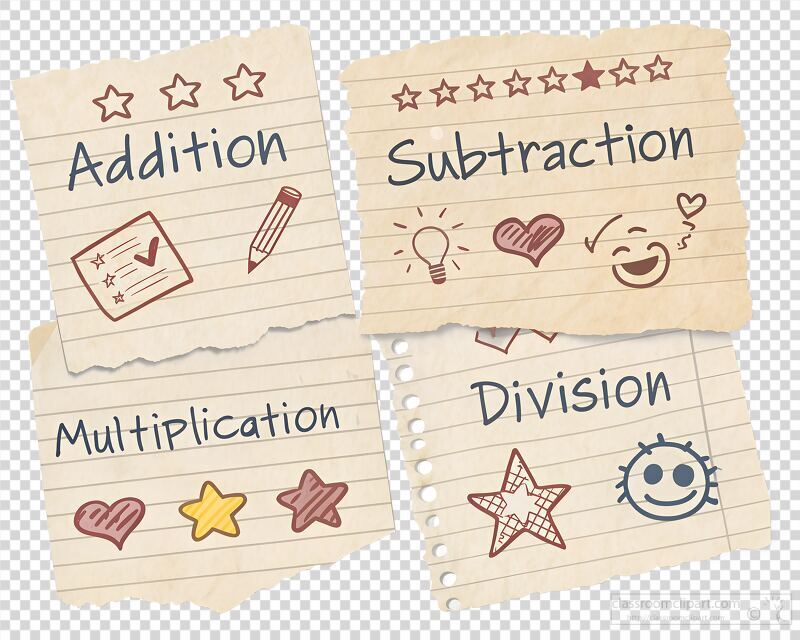 Several slightly crumpled hand drawn notes feature math operations including addition subtraction multiplication and division. Each note has unique doodles representing concepts and emotions.