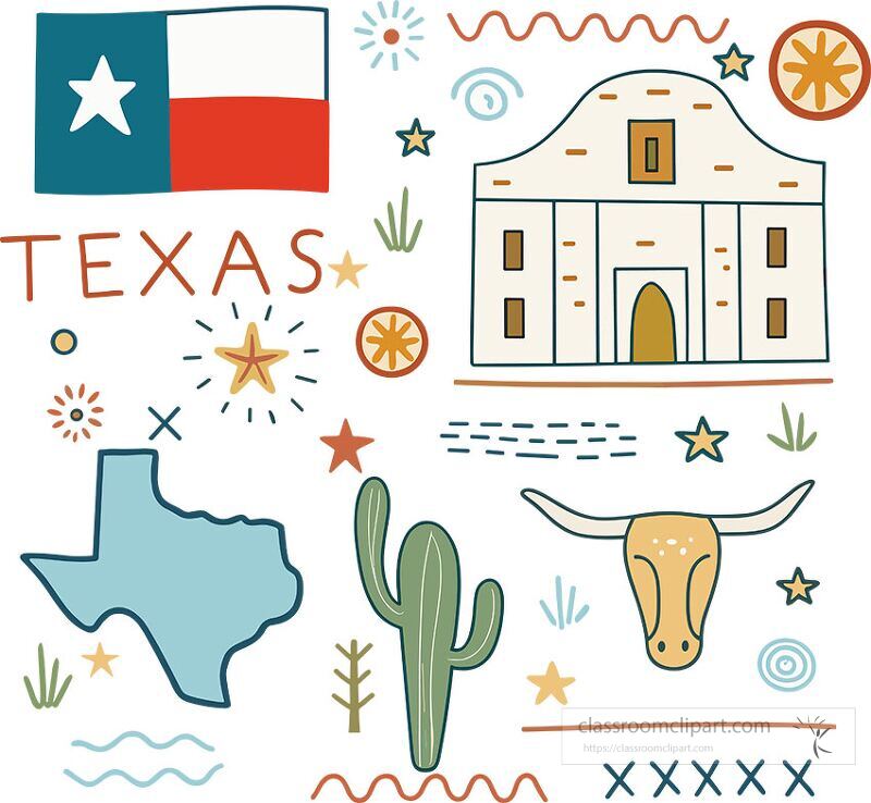 This clip art features a Texas flag alongside the outline of Texas the Alamo a longhorn skull stars and a cactus showcasing iconic symbols associated with Texas culture hand drawn style