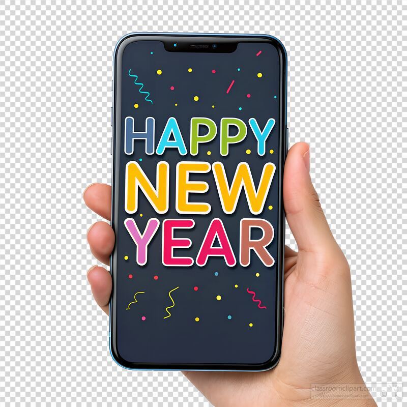 A person holds a smartphone displaying colorful text that reads happy new year, surrounded by festive confetti. This represents celebration and the arrival of a new year.