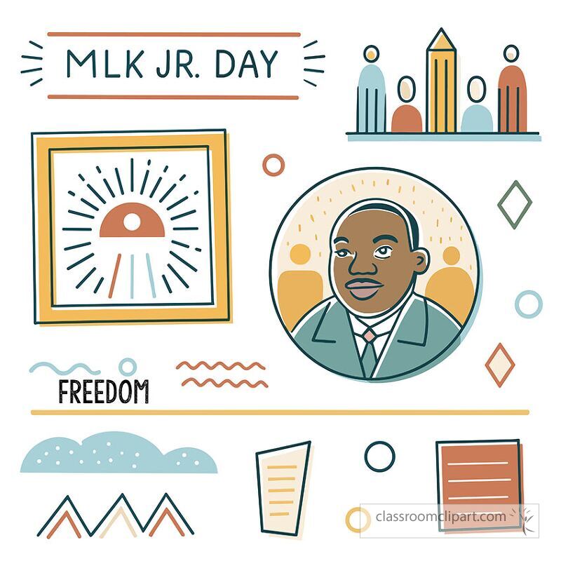 Handrawn a clip art representation of Martin Luther King Jr. surrounded by symbols of peace and community.