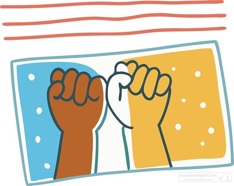 Two hands of different skin tones clasp together, symbolizing unity and the power of diversity. This artwork embodies hope and resilience while promoting togetherness among communities.