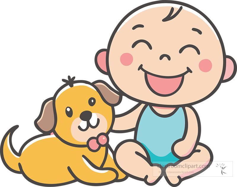 A joyful baby with a big smile sits cross legged next to a friendly yellow dog The baby wears a light blue outfit and interacts happily with the pet