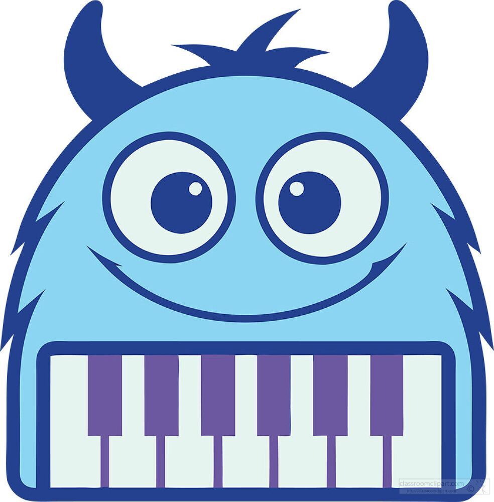 A cheerful blue monster with big round eyes and a friendly smile is playing a piano. Its fluffy body adds a playful touch to the scene while its horns and eye catching color create a delightful atmosphere.