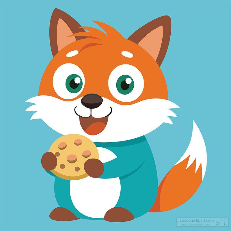 In a vibrant scene, a cheerful cartoon fox with bright orange fur happily munches on a delicious cookie. Its expressive eyes and playful pose bring joy to the moment.