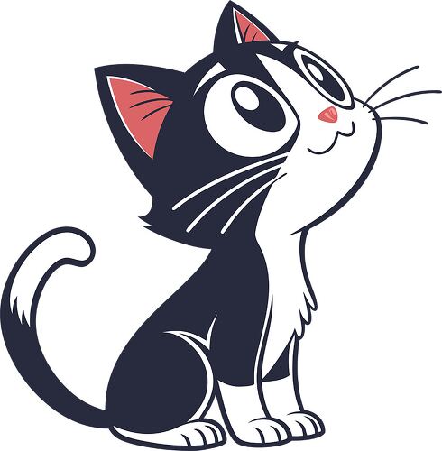 This cartoon cat looks up with bright eyes and a happy demeanor