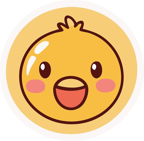 A bright yellow round sticker featuring a smiling baby chick face with blushing cheeks