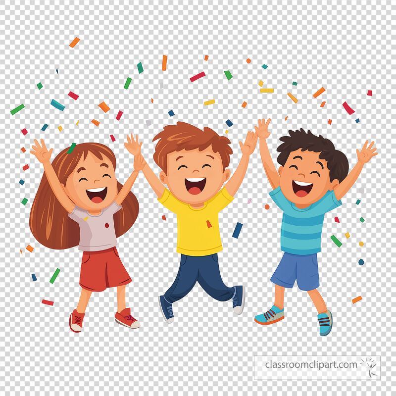 Three joyful children are celebrating with raised hands while colorful confetti falls around them Their expressions show excitement and happiness in a festive atmosphere