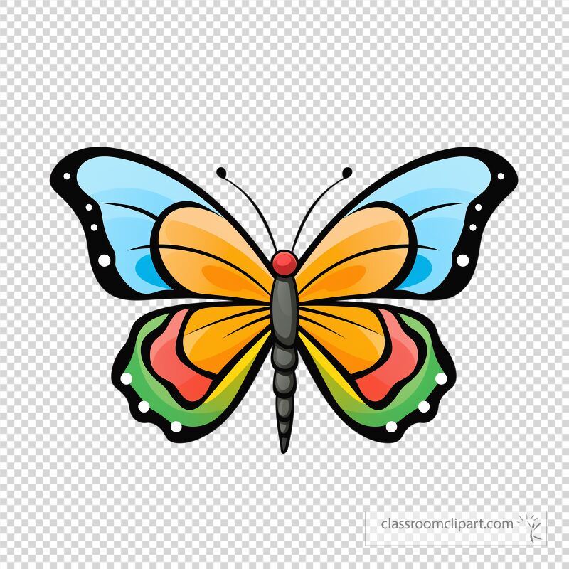 A cheerful butterfly with vibrant colors spreads its wings wide The intricate patterns of blues oranges and greens create a joyful display showcasing natures beauty and grace