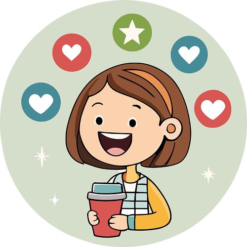 A happy girl holding a takeaway coffee cup with hearts and stars stickers