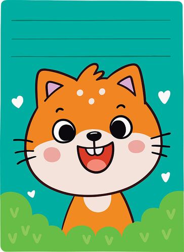 An adorable orange kitten with a big smile on a blue notepad with heart decorations