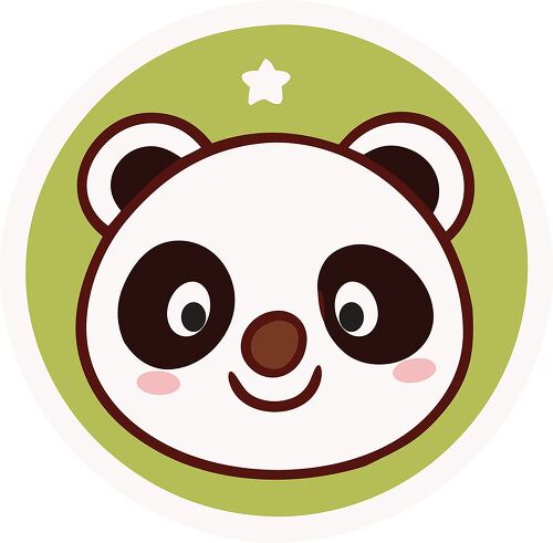 A round green sticker featuring a cheerful panda face with a cute smile and pink cheeks