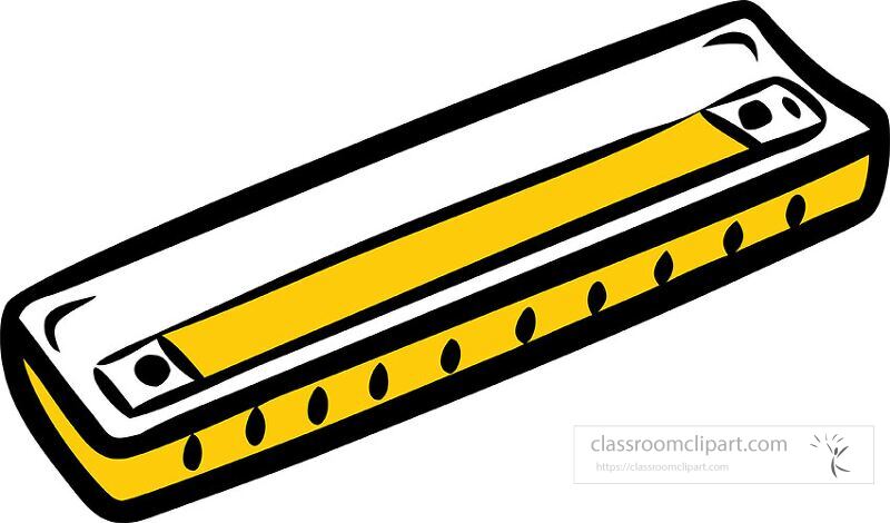 A clip art illustration of a harmonica depicted in bright yellow The design shows the instruments rectangular shape and distinct holes for playing notes ideal for music related projects