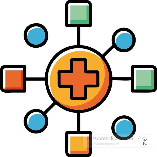 An illustration depicting a central medical symbol surrounded by various colored nodes, representing a network or system related to healthcare or medical services.