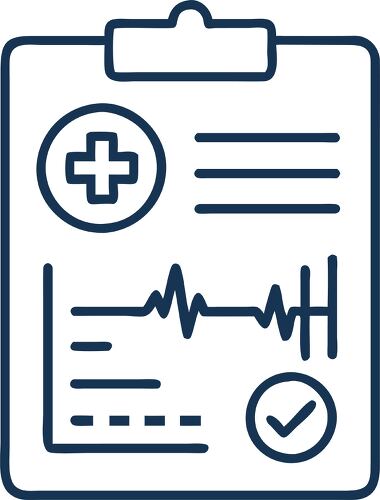 Icon shows a medical chart with heartbeat line and check mark symbolizing patient info