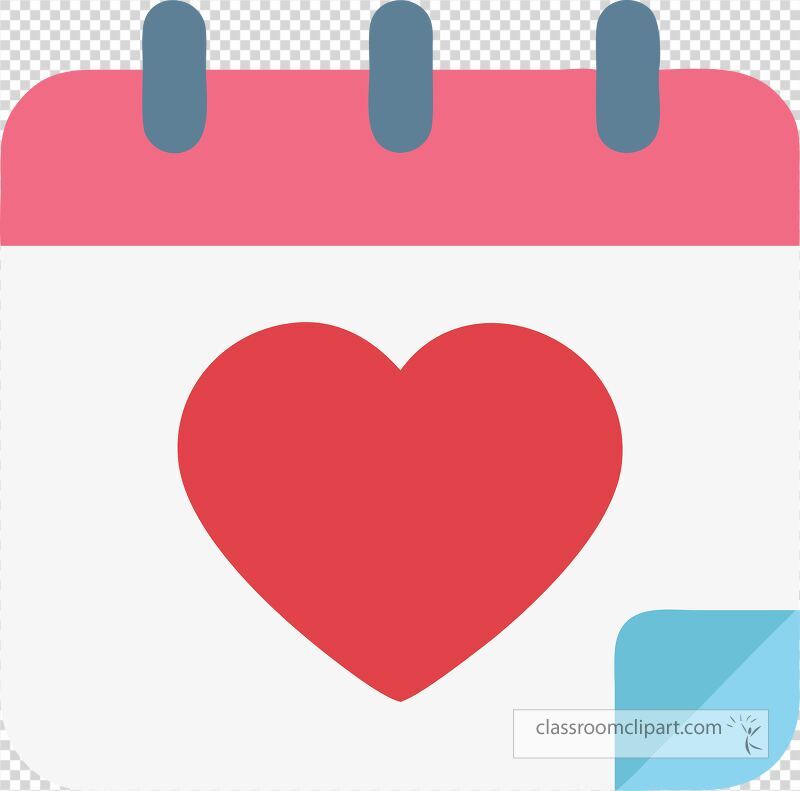 This clip art features a calendar with a prominent heart symbol perfect for planning romantic events and special days throughout the year such as anniversaries and Valentine’s Day.