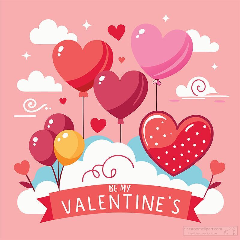 A vibrant background filled with colorful heart shaped balloons floats above fluffy clouds. Soft pink hues enhance the romantic vibe inviting love and joy this Valentines Day.