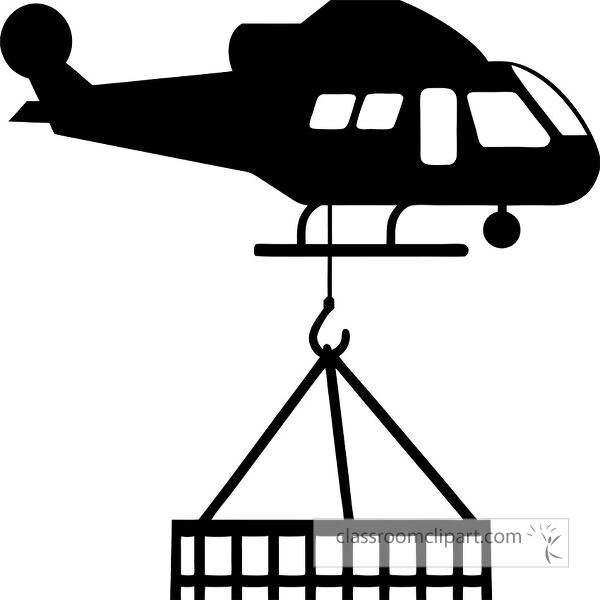 A silhouette of a helicopter lifting a cargo net