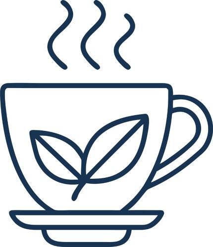 Outline of a herbal tea cup with steam and leaves shown clearly.