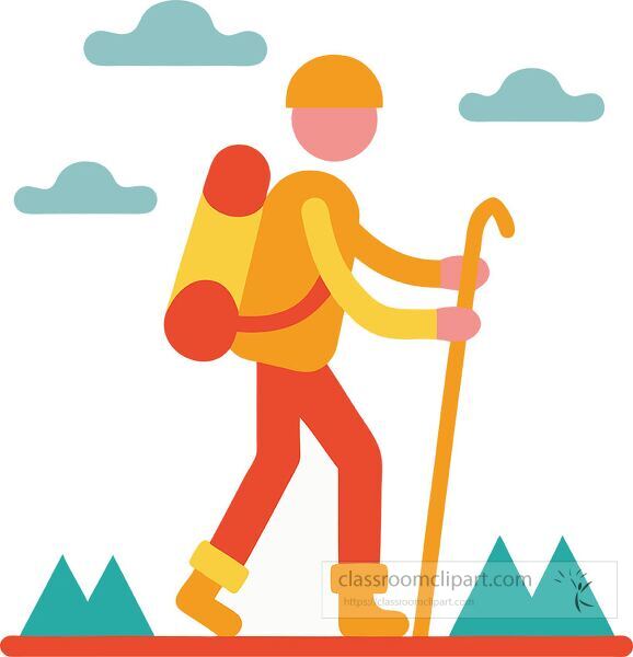 Hiker with backpack climbs mountains under a bright sky Clip Art